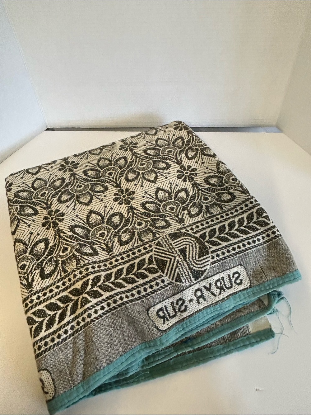 Surya Sur Floral Block Print Cotton Throw Blanket Turquoise Border 50x80